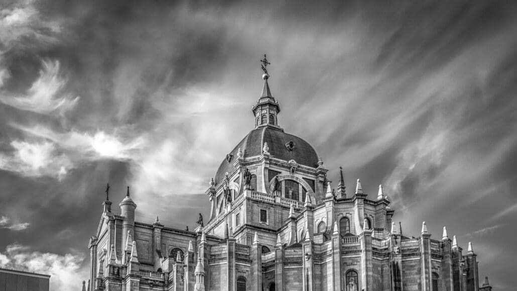 black and white image of a cathedral in Spain
