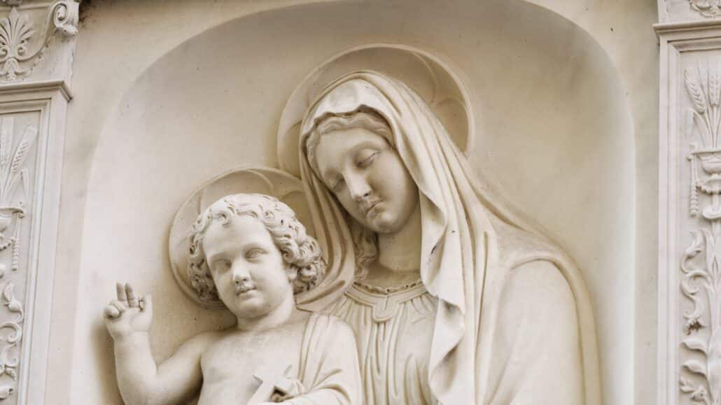 An image of Mary and the child Jesus is seen along a street in Rome May 3, 2023. (CNS photo/Justin McLellan)