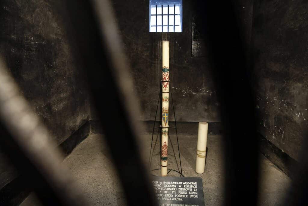 The starvation cell, where St. Maximilian Kolbe and others spent the last days of their lives, is in the basement of block 11 in Auschwitz I at the Auschwitz-Birkenau Memorial and State Museum in Oswiecim, Poland. The cellblock, known as the death block, was used by the SS to inflict torture. (OSV News photo/Nancy Wiechec)