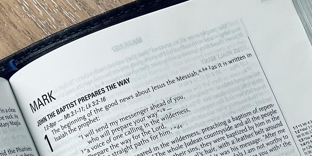 Bible opened to Mark's gospel