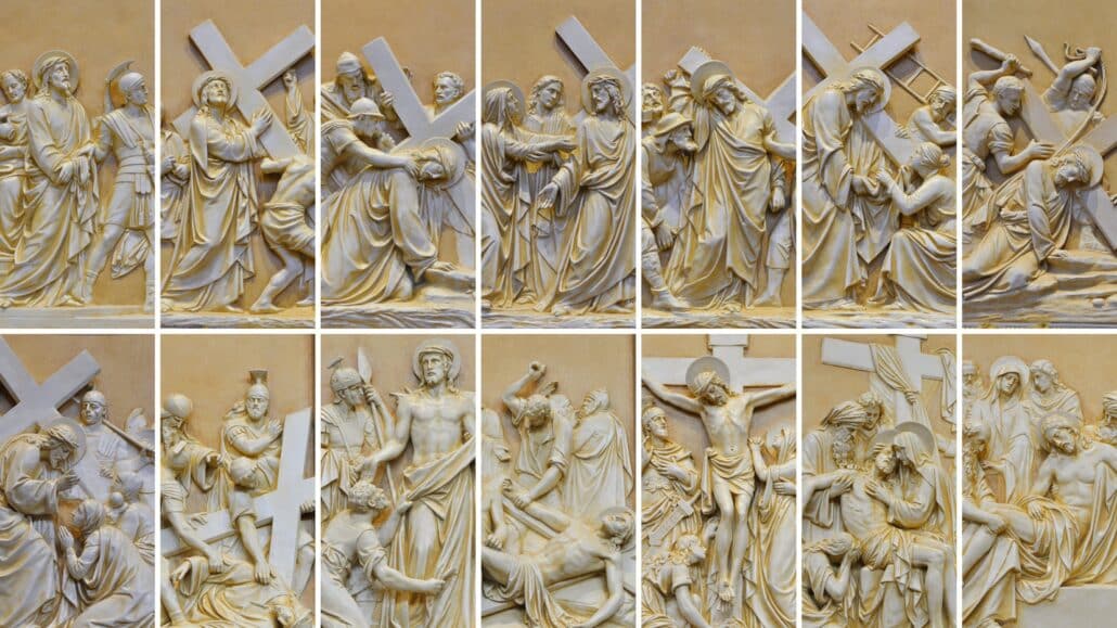 The 14 Stations of the Cross at the Cathedral of the Incarnation in Nashville, Tenn., are seen in this composite photo. As Catholics, we surround ourselves with depictions of the passion and death of Jesus. (CNS composite; photos by Katie Peterson, Tennessee Register)