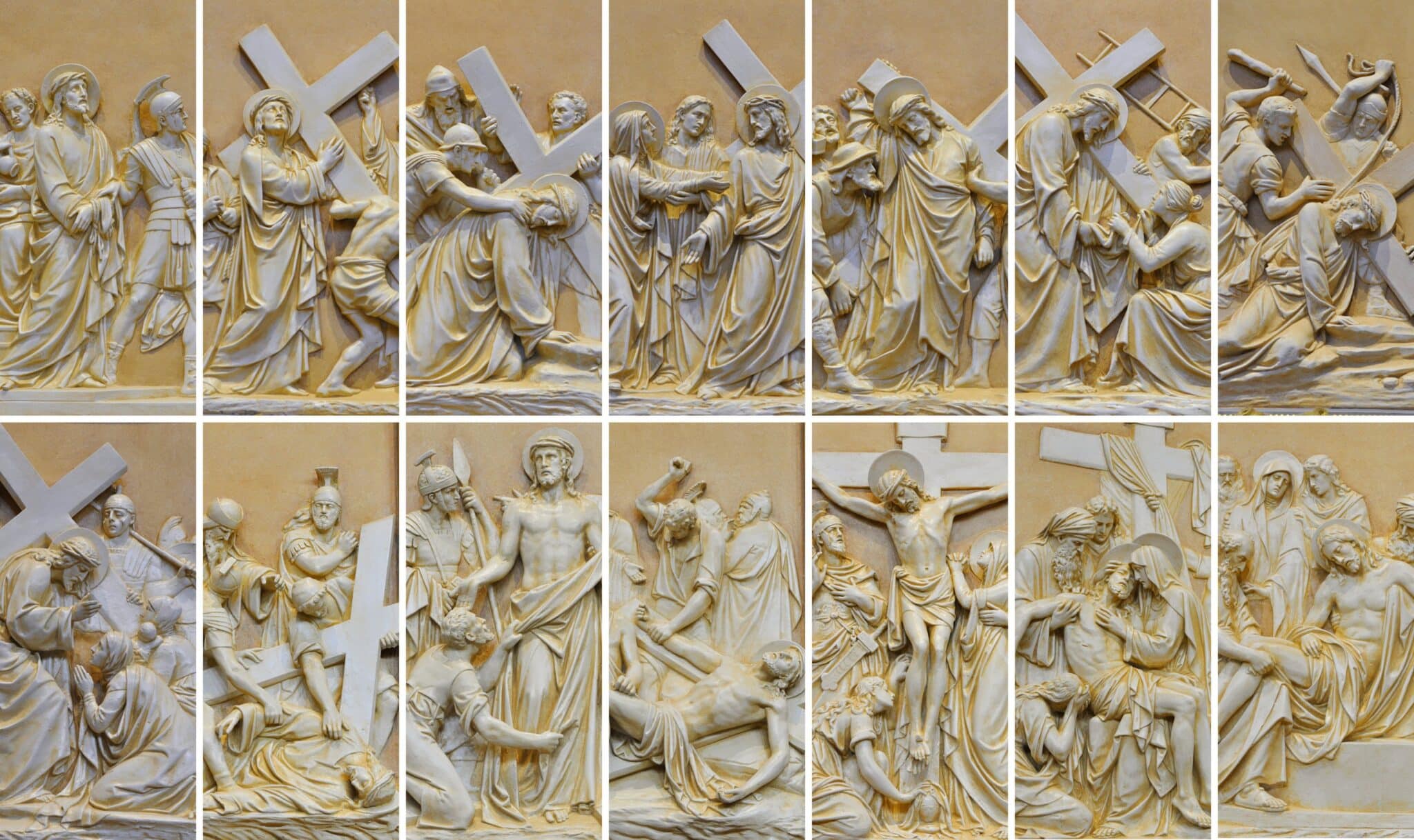 The 14 Stations of the Cross at the Cathedral of the Incarnation in Nashville, Tenn., are seen in this composite photo. As Catholics, we surround ourselves with depictions of the passion and death of Jesus. (CNS composite; photos by Katie Peterson, Tennessee Register)