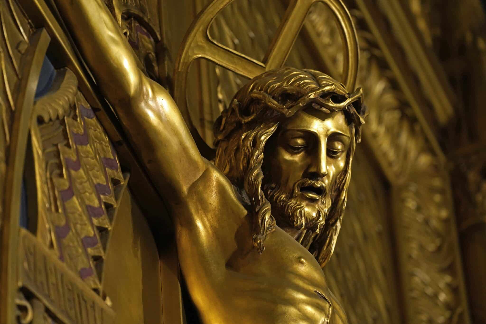 Christ's crucifixion is depicted in the chapel reredos at Immaculate Conception Seminary in Huntington, N.Y. (OSV News photo/Gregory A. Shemitz)