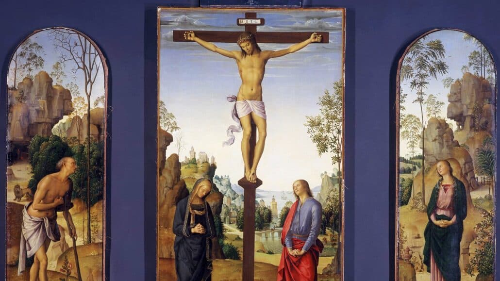 The plants and flowers in Pietro Perugino's "The Crucifixion with the Virgin, St. John, St. Jerome and St. Mary Magdalene" convey a symbolic message. Perugino used red poppies, violets and a deep-pink mallow to symbolize death, humility and salvation, respectively. The painting is among those on display in "The Flowering of Florence: Botanical Art for the Medici" exhibit at the National Gallery of Art in Washington through May 27. (CNS photo courtesy National Gallery of Art)