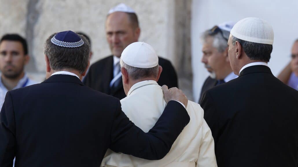 Pope Francis walks with Argentine Rabbi Abraham Skorka, left, and Omar Abboud, a Muslim leader from Argentina, as he leaves after praying at the Western Wall in Jerusalem in this May 26, 2014, file photo. In his official proclamation of the Holy Year of Mercy, Pope Francis called for "fervent dialogue" between Christians, Muslims and Jews. (CNS photo/Paul Haring)