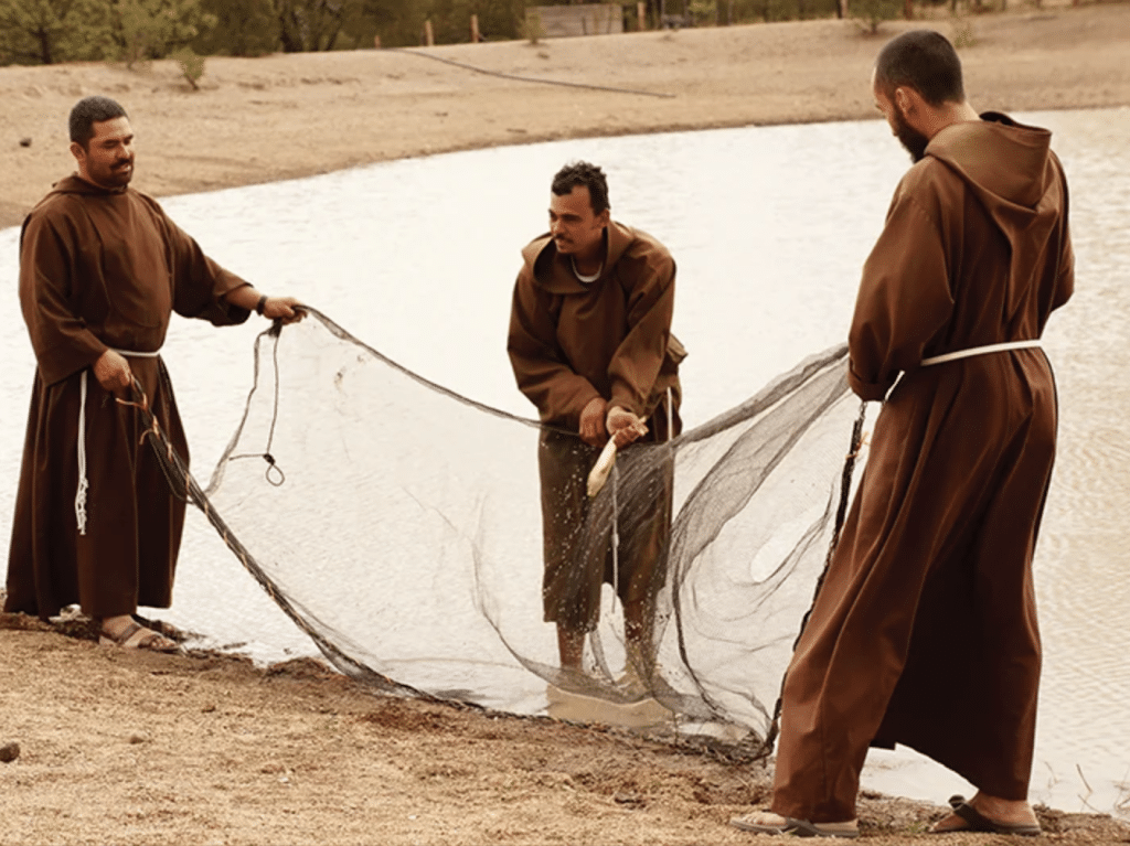 Three friars cast a fishing net, bringing to mind Jesus’ invitation to Peter and Andrew in Matthew 4:19: “‘Come after me, and I will make you fishers of men.’”