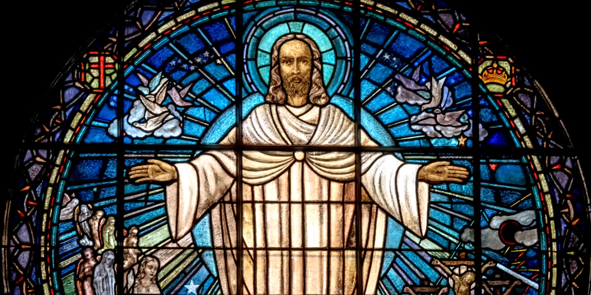 Stained glass window of the risen Jesus