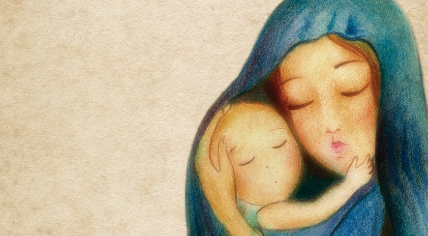 Mary cradles her infant son, Jesus