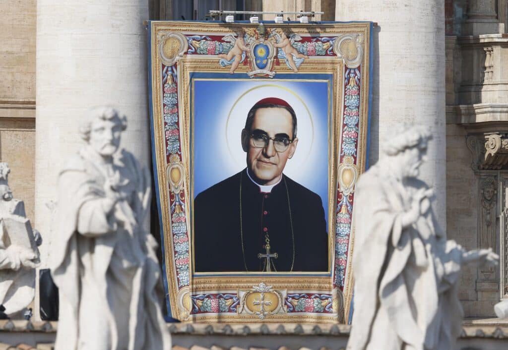 A banner of Saint Oscar Arnulfo Romero hangs from the facade of St. Peter's Basilica at the Vatican Oct. 14, 2018. (CNS photo/Paul Haring)

