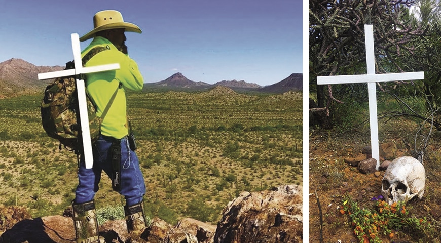 A volunteer leaves crosses where bodies were found in the desert.