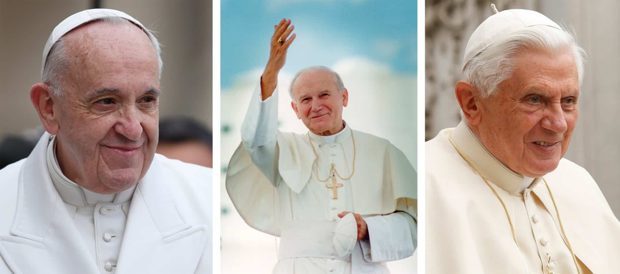 Pope Francis, St. John Paul ll, and Pope Benedict all smiling