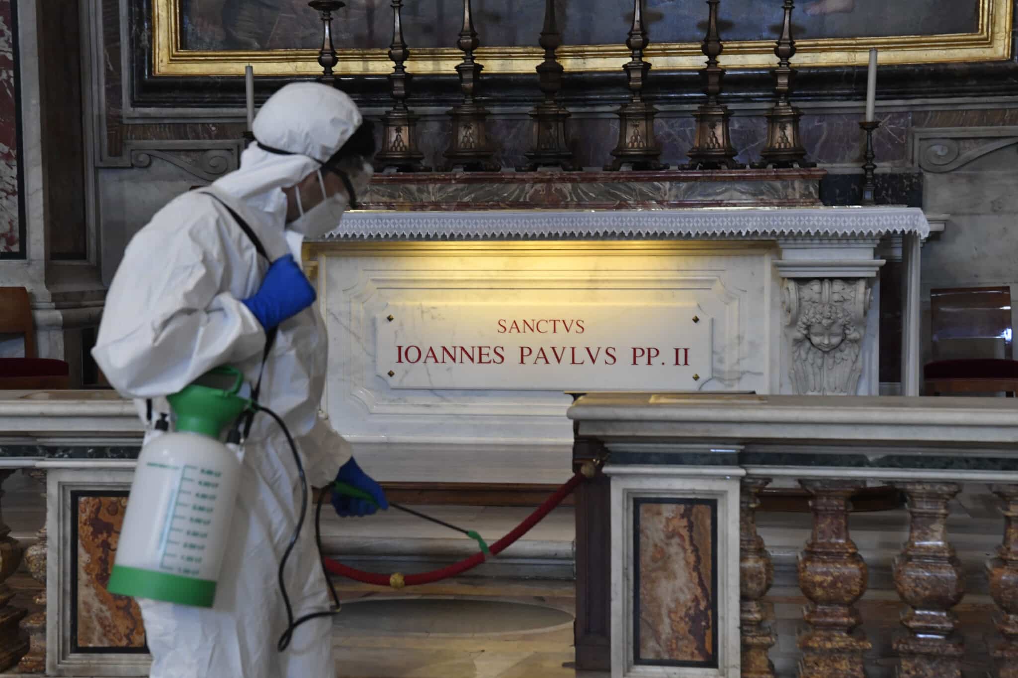Vatican Workers Sanitize St. Peters Basilica