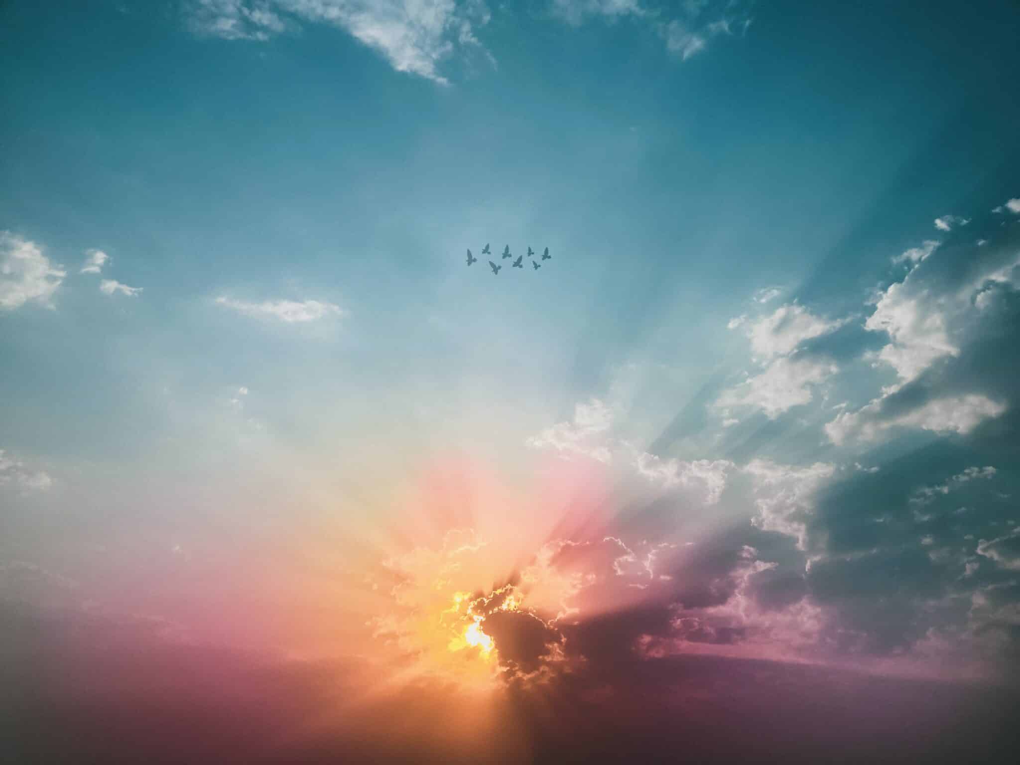 Sun peeking through the clouds and birds in the sky