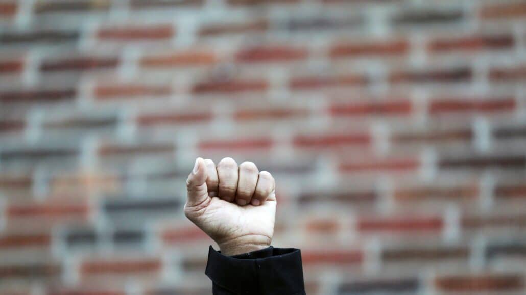 Person raising a closed fist in the air