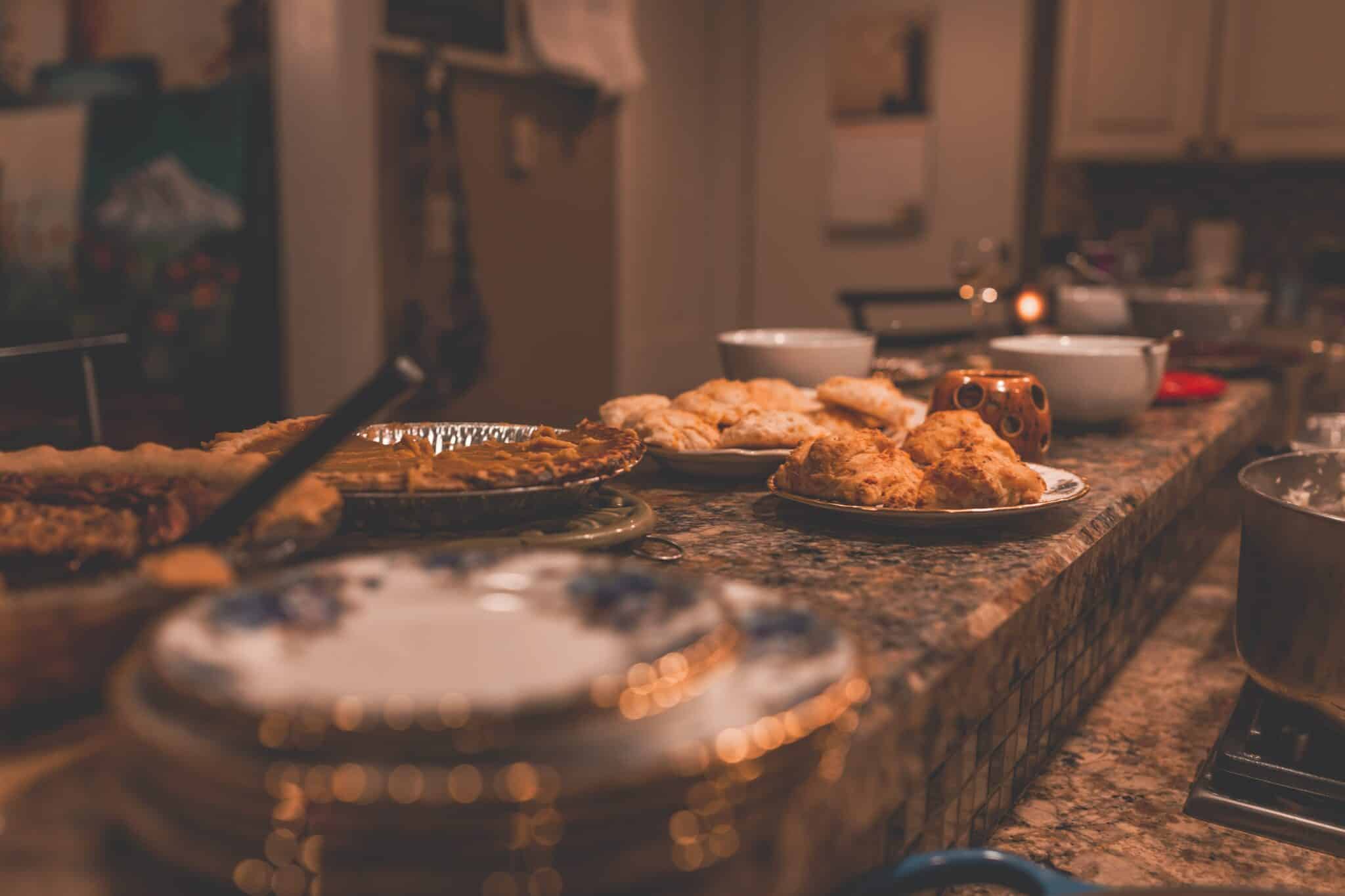 Cooked food on a kitchen bar