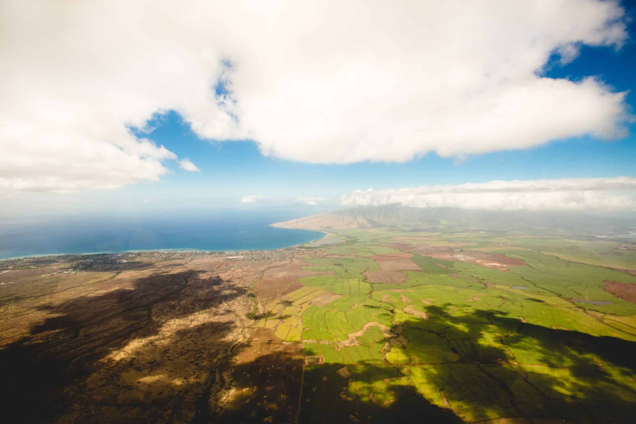 Aerial photo of fields by the ocean
