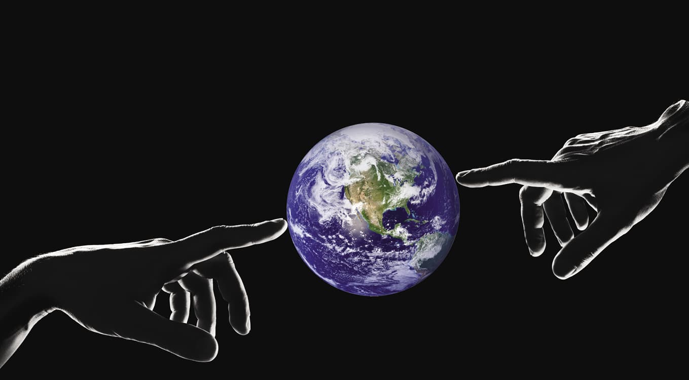 Drawing of fingers touching planet earth