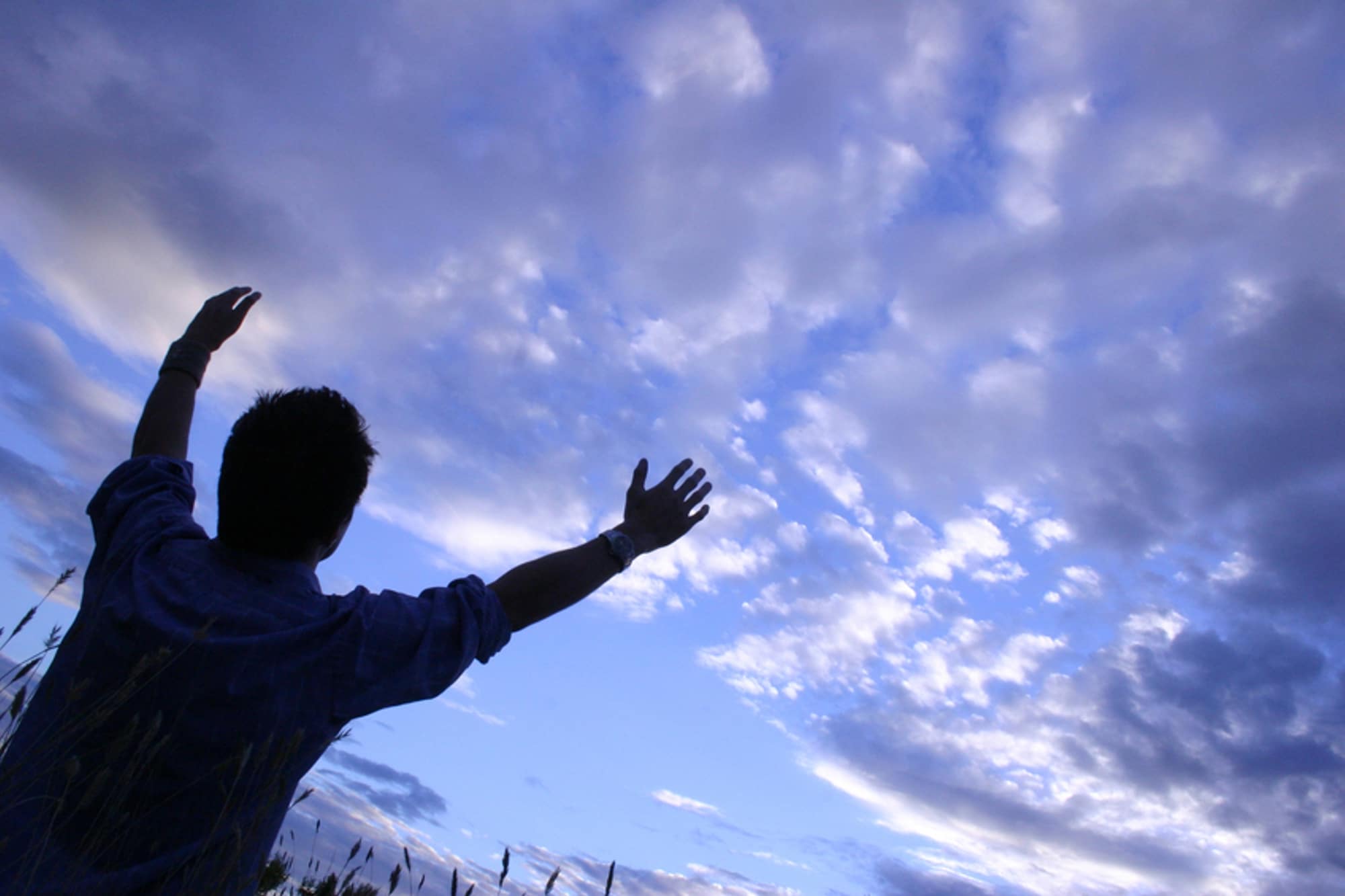 Man in a field raising his arms toward the sky
