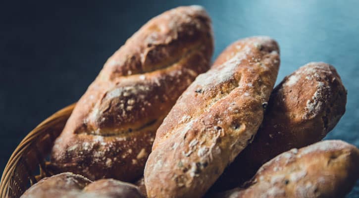 Basket of rustic loaves of bread