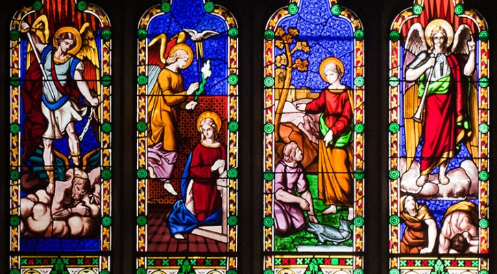 Stained Glass Window of Saints Michael, Gabriel, and Raphael