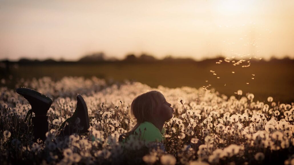 Young girl blowing on dandelions