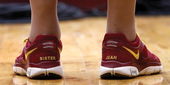 Shoes saying Sister Jean on the back