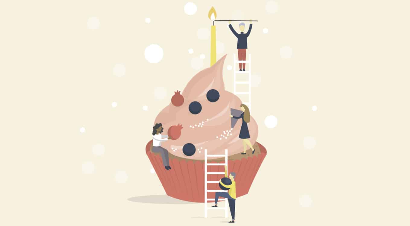 Illustration of people climbing on a cupcake