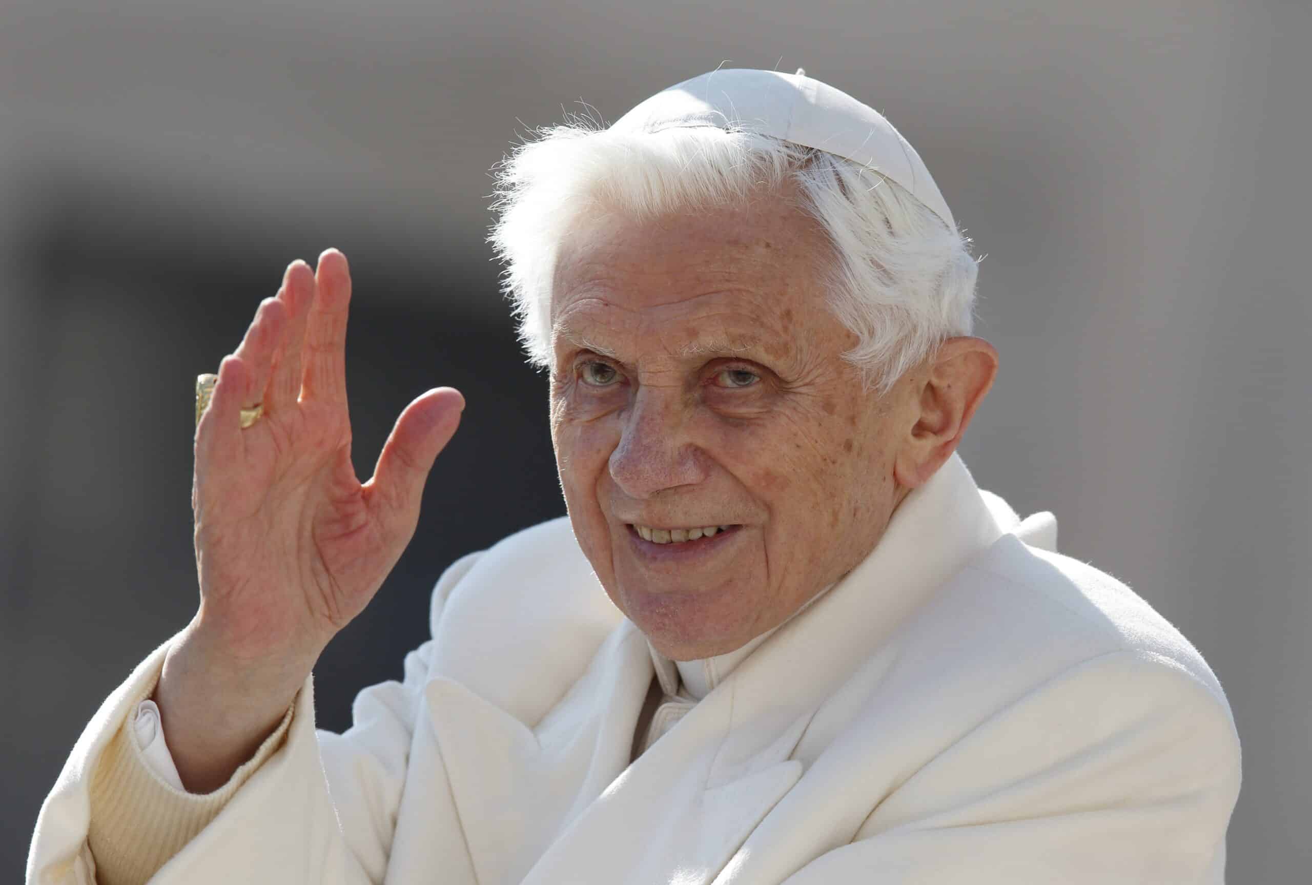 Pope Benedict XVI greets the crowd as he leaves his final general audience in St. Peter's Square at the Vatican Feb. 27, 2013. The pope emeritus died Dec. 31, 2022 at 95. (CNS photo/Paul Haring)
