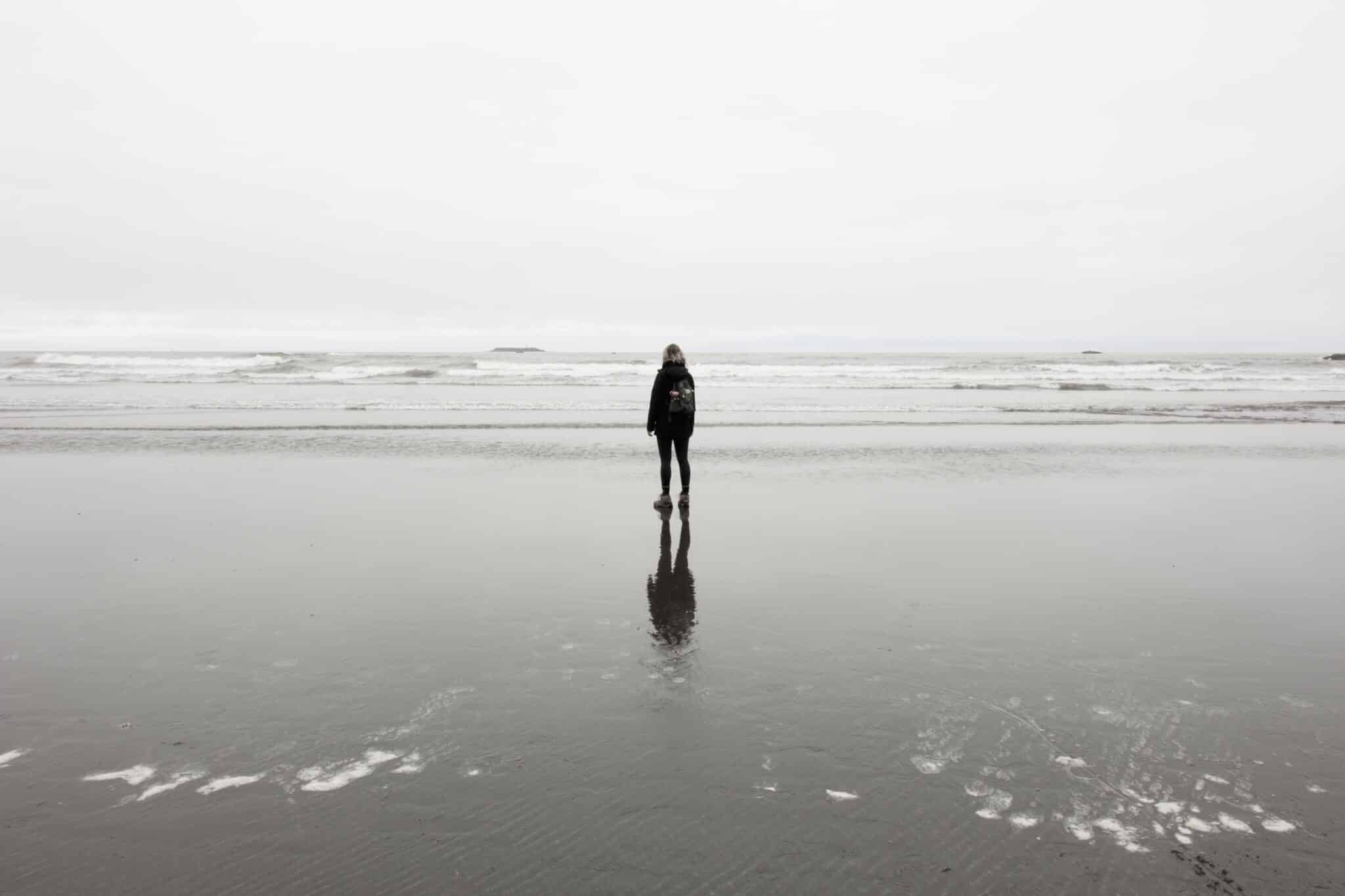 Person with a backpack looking at an ocean with a grey scale