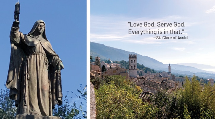 Statue of Saint Clare and a hillside in Assisi