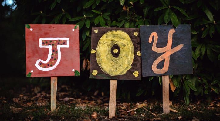 Signs spelling out the word joy