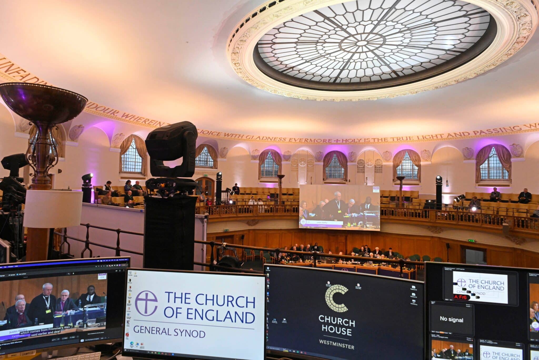 Anglican Archbishop Justin Welby is displayed on a screen during the General Synod 2023 in London Feb. 9. The Church of England is planning to debate the introduction of liturgy that refers to persons of the Holy Trinity “in a non-gendered way” instead of using male pronouns. (OSV New/Toby Melville, Reuters)