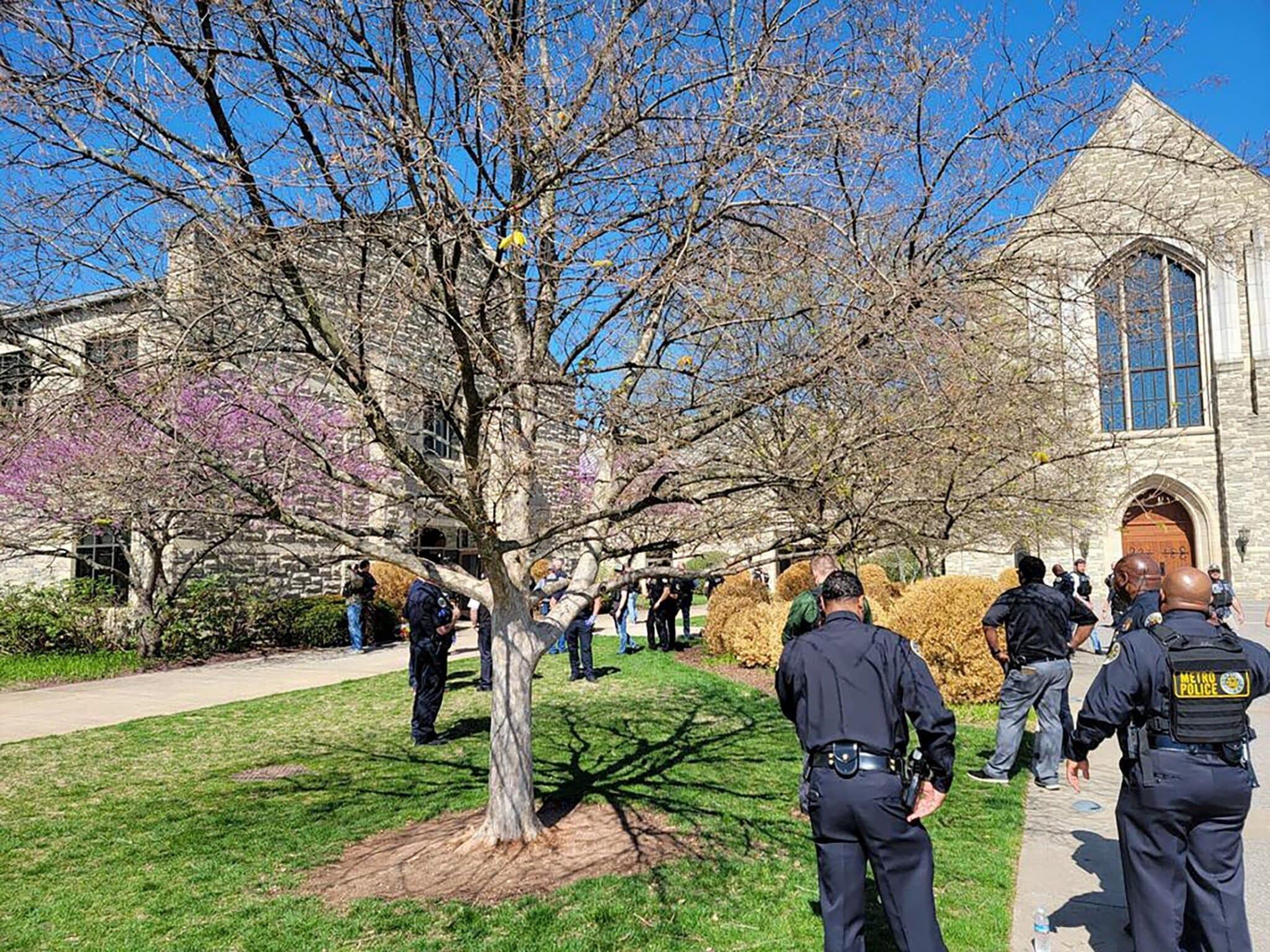 Police officers arrive at the Covenant School on the grounds of Covenant Presbyterian Church in Nashville, Tenn., after reports of a shooting at the school March 27, 2023. At least six were killed -- three adults and three children -- police reported. (OSV News photo/Metropolitan Nashville Police Department handout via Reuters) NO ARCHIVES. MUST DISCARD 30 DAYS AFTER DOWNLOAD.