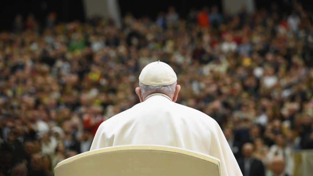 Pope Francis looks out to the crowd before his weekly general audience in the Vatican audience hall Feb. 15, 2023. (CNS photo/Vatican Media)