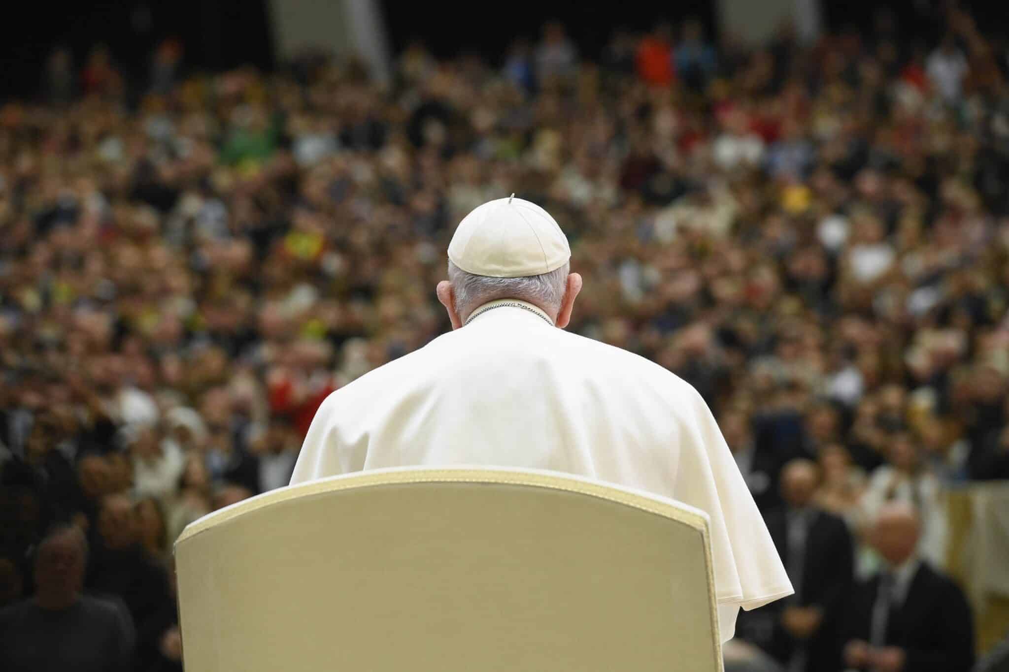 Pope Francis looks out to the crowd before his weekly general audience in the Vatican audience hall Feb. 15, 2023. (CNS photo/Vatican Media)