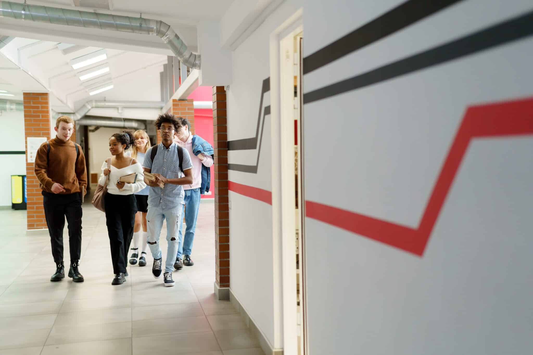 Group of students walking in school hall