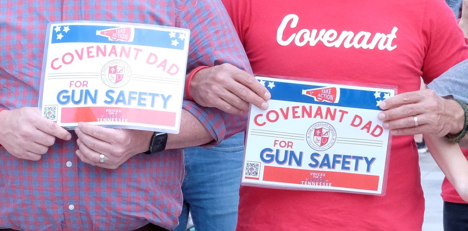 Participants hold signs calling for an end to gun violence outside the Tennessee Capitol in Nashville April 18, 2023, during a Voices for a Safer Tennessee event. The group organized a three-mile-long human chain that drew more than 8,000 people and ended at the capitol to urge the Legislature to take steps to address gun violence. (OSV News photo/Rick Musacchio, Tennessee Register)