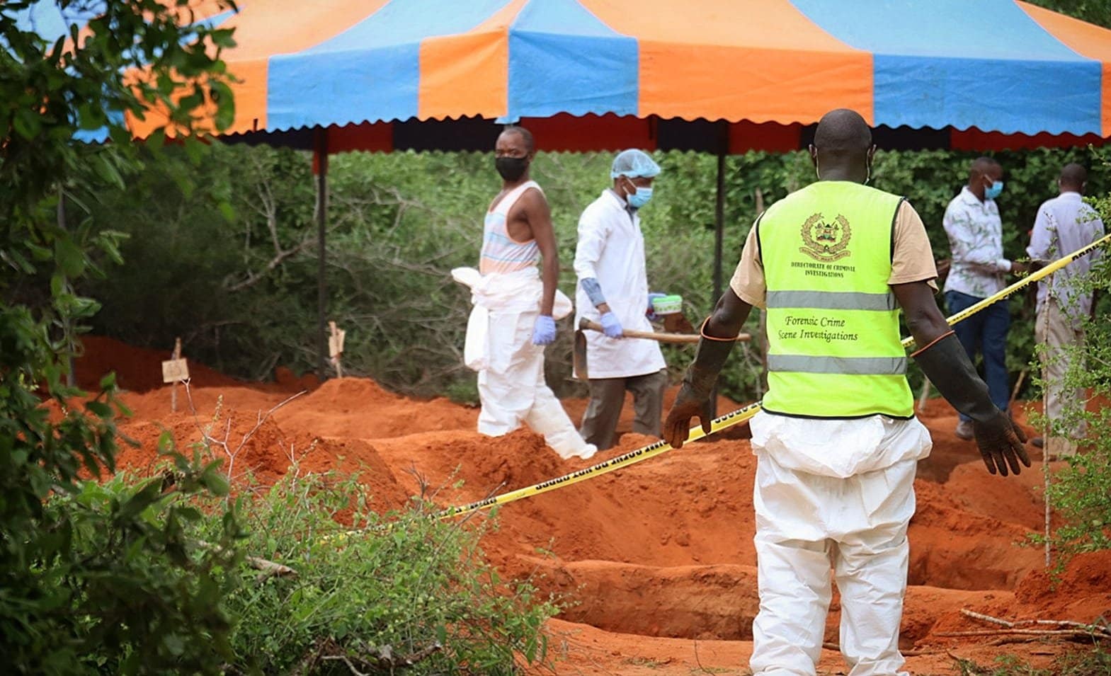 Kenyan authorities continue to retrieve bodies from shallow graves in the 800-acre ranch in Kilifi County near the town of Malindi. On April 27, 2023, the official death toll was 95. All victims were followers of the Good News International Church Pastor Paul Mackenzie. He told his followers to pray and fast to meet Jesus and that the world would end April 15. They starved to death. (OSV News photo/Moses Mpuria, Sheshi Visual Arts)