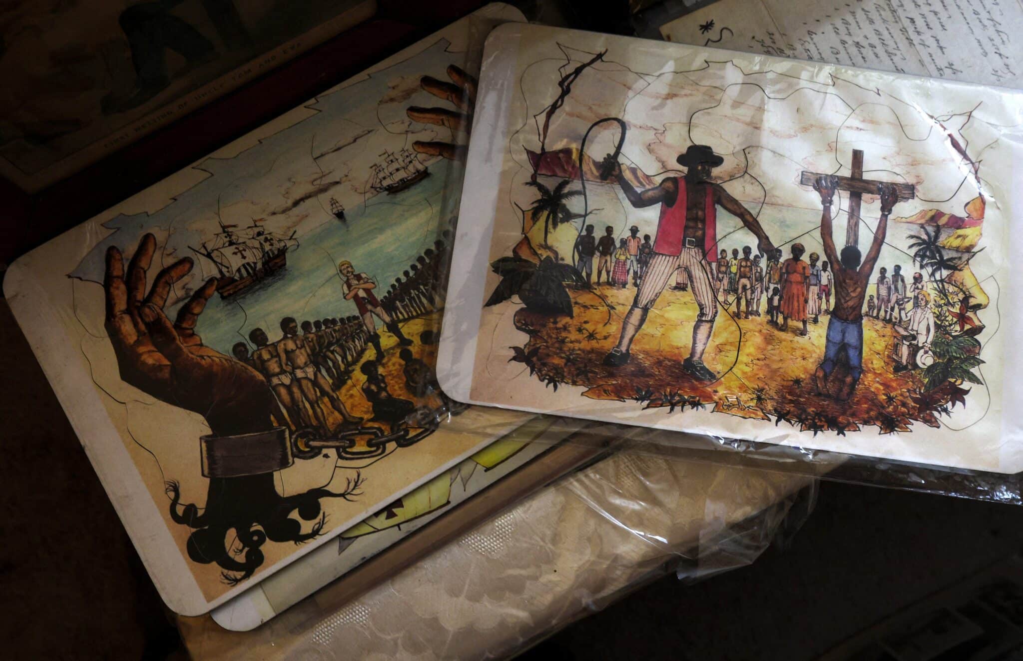 Puzzles depicting slaves in America are pictured in the Staten Island, N.Y., home of Elizabeth Meaders Feb. 2, 2022. Meaders, 90, auctioned a collection of thousands of historical and cultural artifacts tracing the African American experience from the beginnings of slavery through the civil rights movement of the '60s and today's Black Lives Matter movement. (CNS photo/Mike Segar, Reuters)