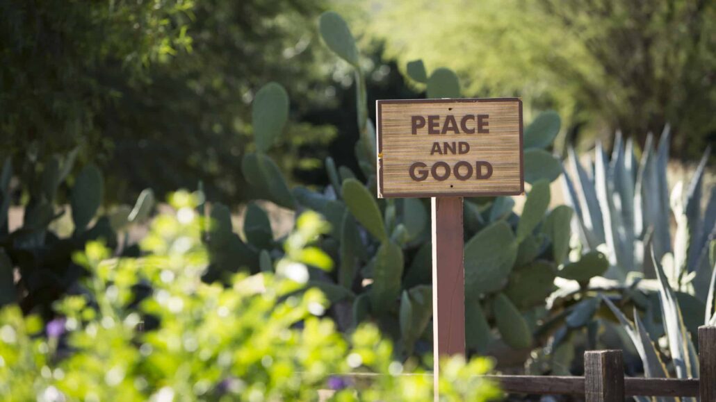 A sign greets visitors to the meditation garden at the Franciscan Renewal Center in Scottsdale, Ariz., in this October 2014 photo. Pope Francis' long-anticipated encyclical on the environment was released at the Vatican June 18. (CNS photo/Nancy Wiechec)