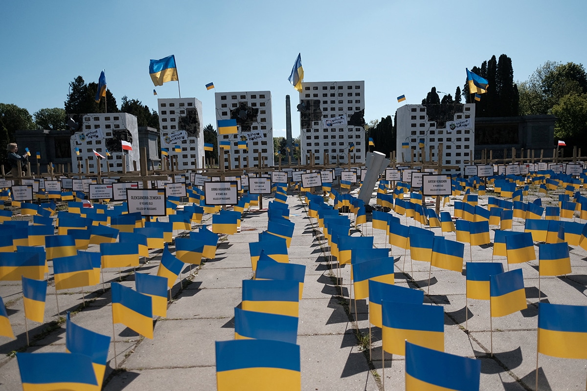 An art installation representing Russian crimes in Ukraine is seen near the Soviet Military Cemetery in Warsaw, Poland, May 9, 2023. (OSV News photo/Slawomir Kaminski, Agencja Wyborcza.pl via Reuters)