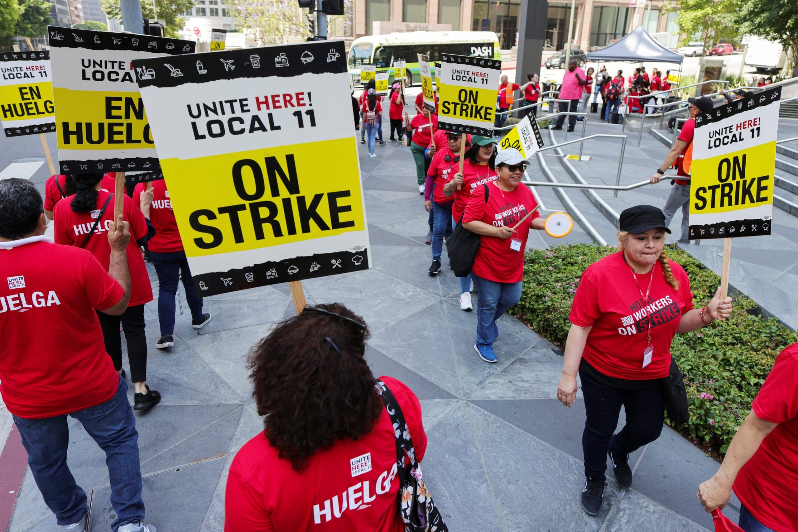 People protest in front of InterContinental Hotel as unionized hotel workers in Los Angeles and Orange County go on strike in Los Angeles, Calif., July 2, 2023. (OSV News photo/David Swanson, Reuters)
