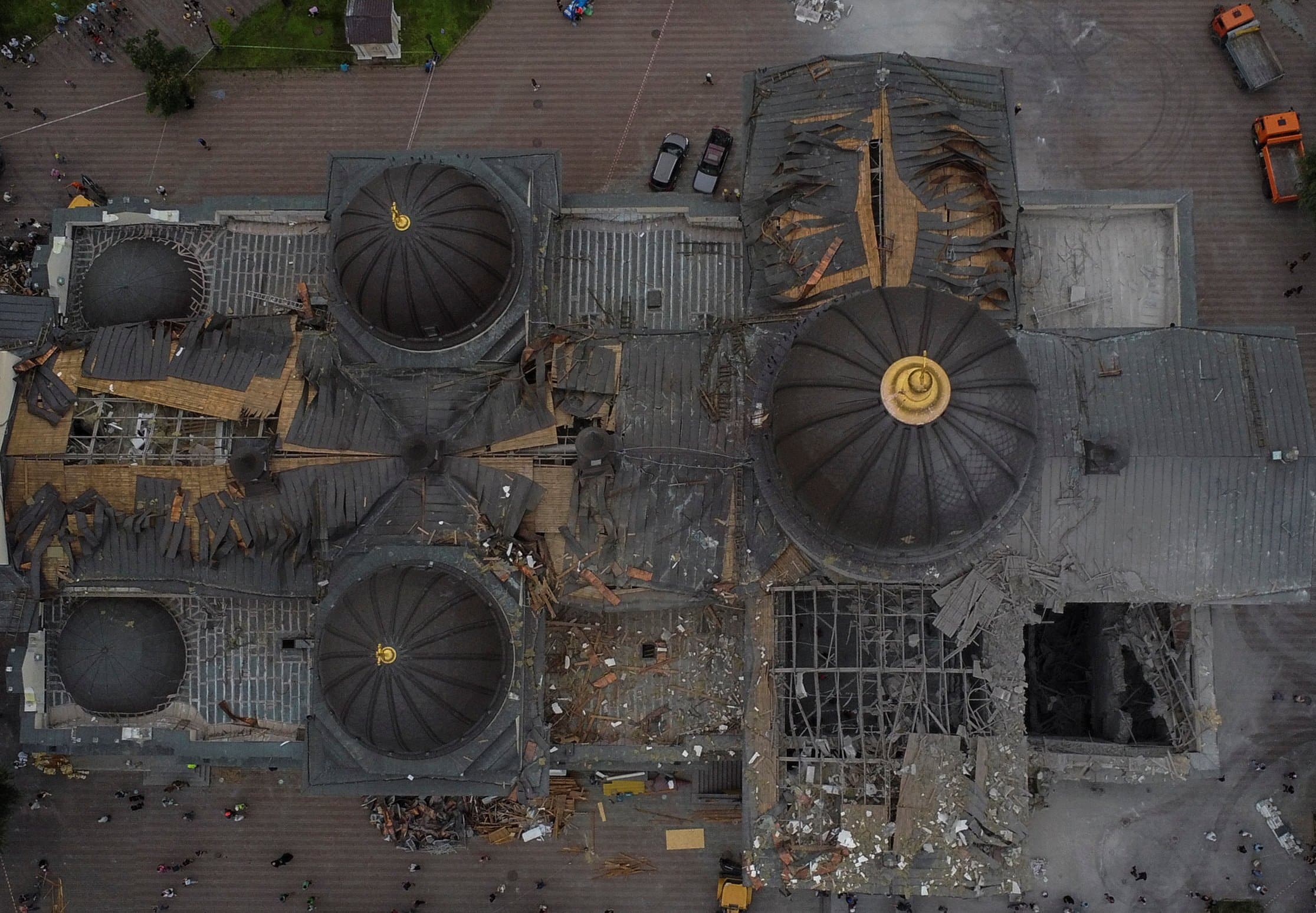 Ariel view shows the Transfiguration Cathedral in Odesa, Ukraine, damaged