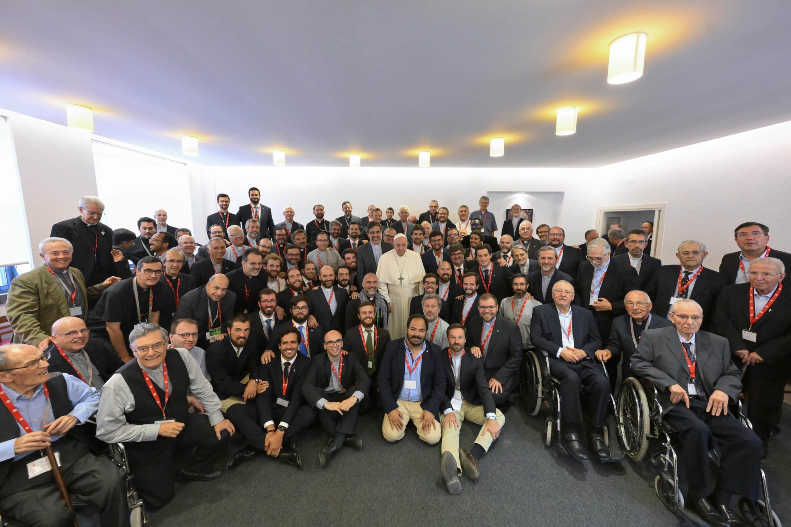 Pope Francis poses for a photo with about 90 Jesuits at their St. John de Brito College in Lisbon, Portugal, Aug. 5, 2023. (CNS photo/Vatican Media)