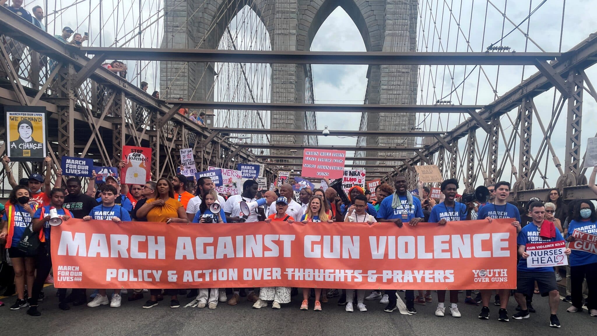 People in New York City protest gun violence as they cross the Brooklyn Bridge during the "March for Our Lives" rally June 11, 2022. (CNS photo/Eric Cox, Reuters)