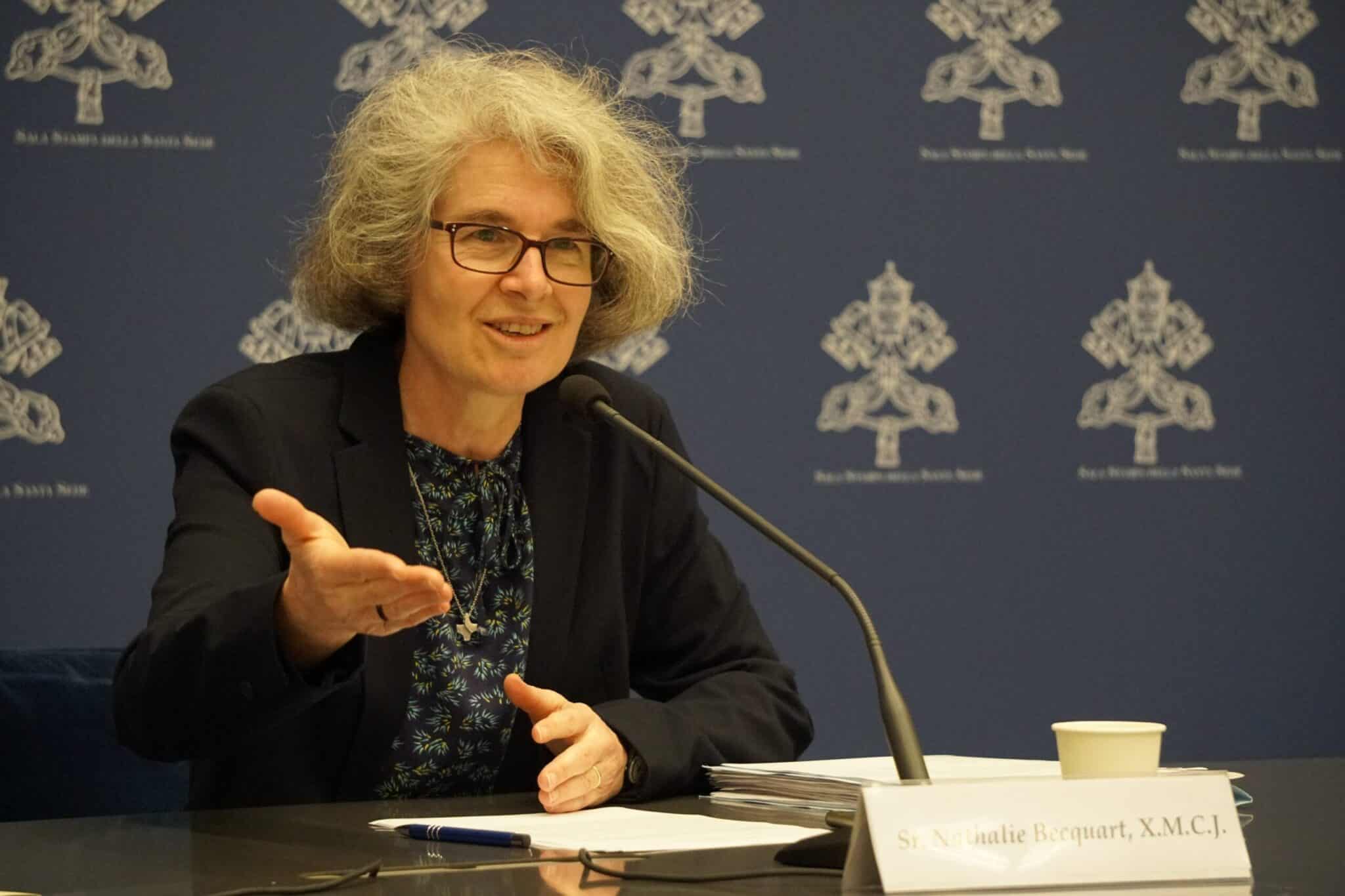 Xavière Missionary Sister Nathalie Becquart, undersecretary of the synod, speaks to reporters at a news conference at the Vatican April 20, 2023. (CNS photo/Justin McLellan)