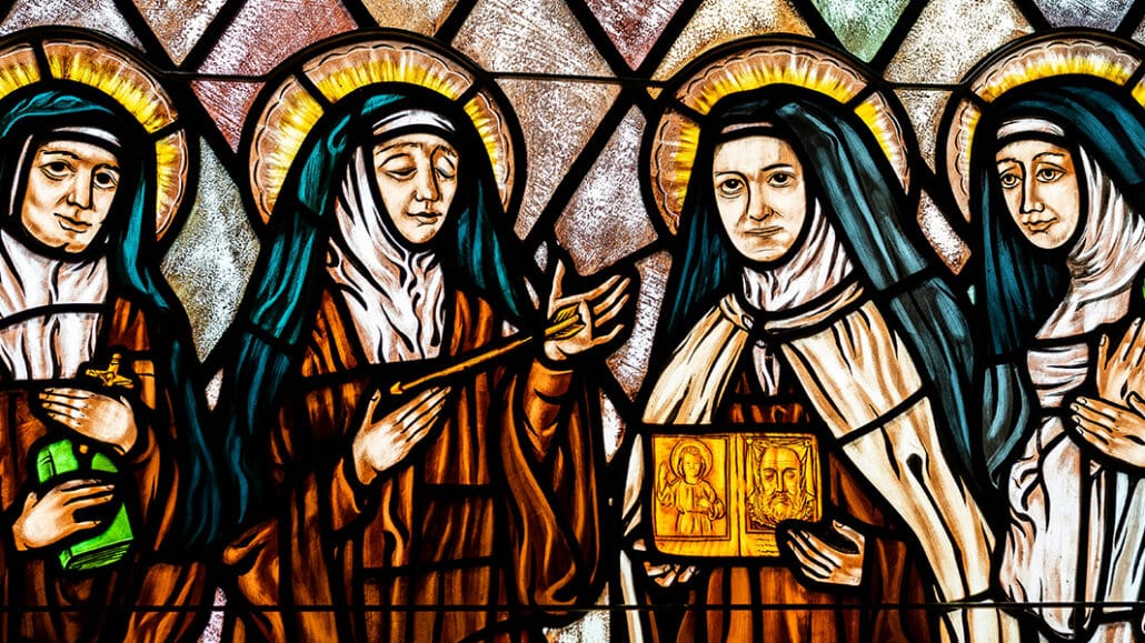 Stained glass window of female saints
