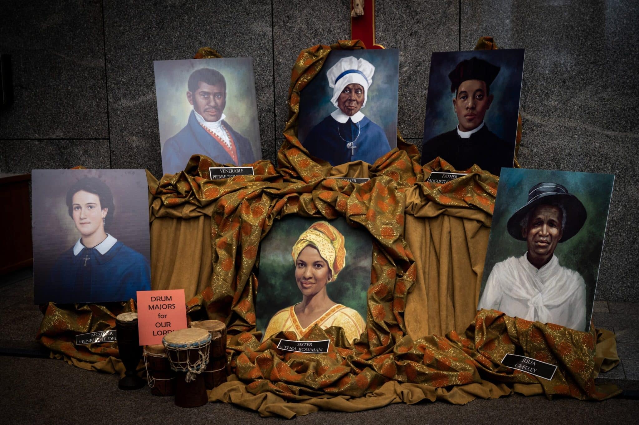 Portraits of six African Americans who are sainthood candidates are displayed in the lobby of the Catholic Center in Baltimore in November 2023 for Black Catholic History Month.