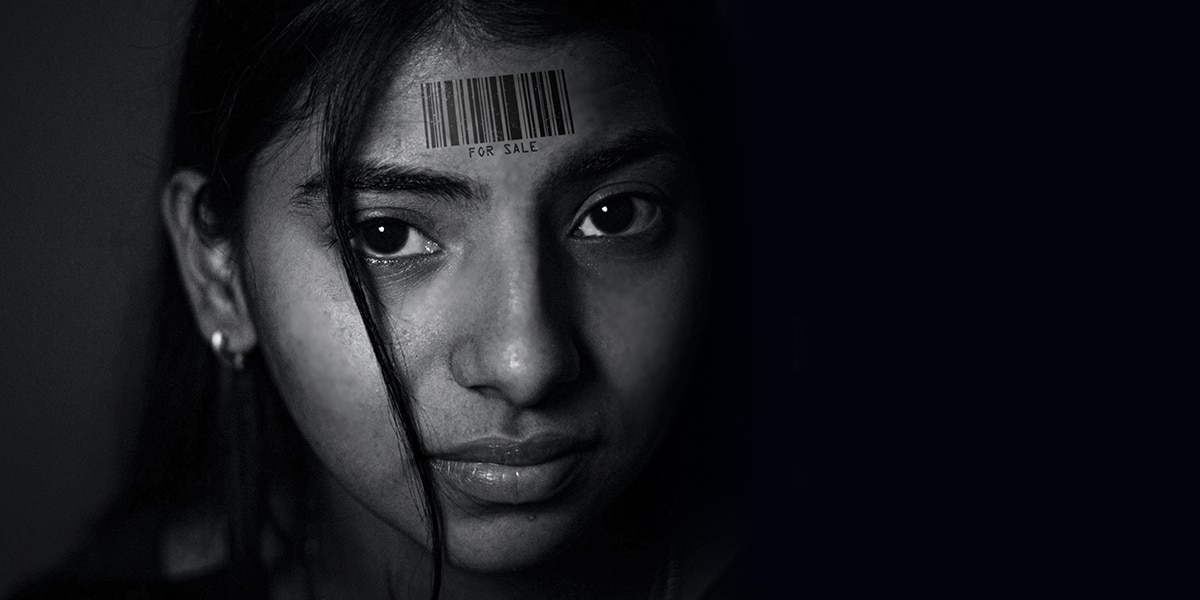 young girl with a barcode on her forehead