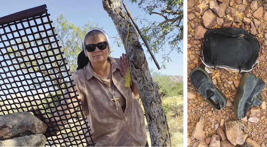 A nun searches through the desert